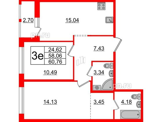 Квартира в ЖК ЦДС Parkolovo, 2 комнатная, 58.06 м², 4 этаж