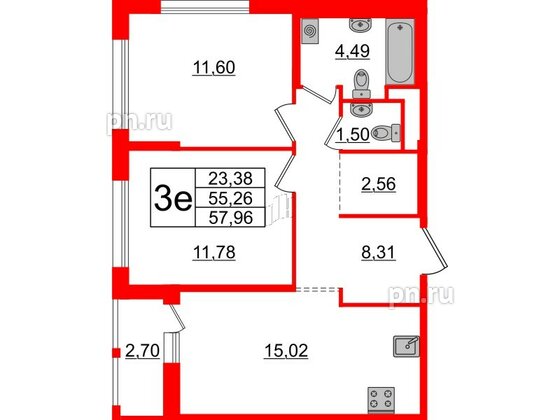 Квартира в ЖК ЦДС Parkolovo, 2 комнатная, 55.26 м², 2 этаж