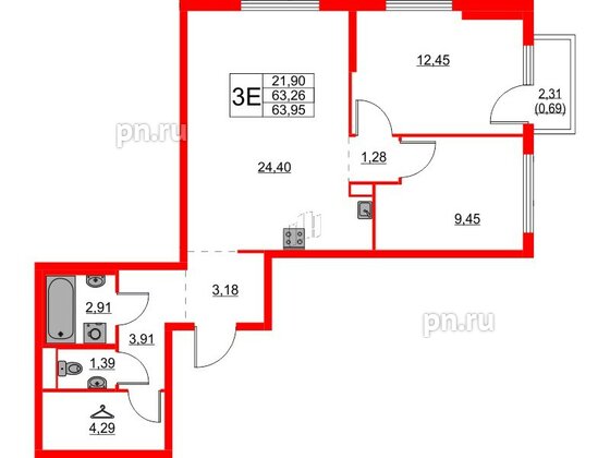 Квартира в ЖК Янинский Лес, 2 комнатная, 63.95 м², 14 этаж