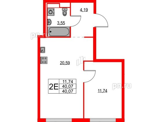 Квартира в ЖК Янинский Лес, 1 комнатная, 40.07 м², 14 этаж