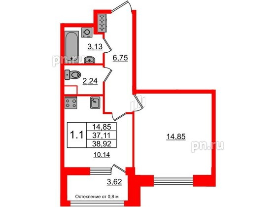 Квартира в ЖК Astra Marine, 1 комнатная, 37.11 м², 2 этаж