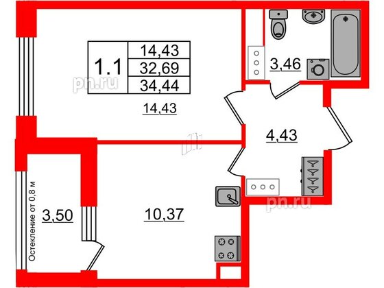 Квартира в ЖК Astra Marine, 1 комнатная, 32.69 м², 6 этаж