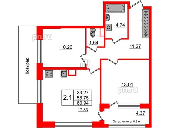 Квартира в ЖК Astra Marine, 2 комнатная, 58.75 м², 2 этаж