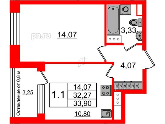 Квартира в ЖК Astra Marine, 1 комнатная, 32.27 м², 3 этаж