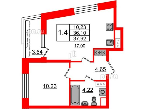 Квартира в ЖК Astra Marine, 1 комнатная, 36.1 м², 8 этаж