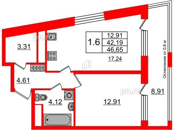 Квартира в ЖК Astra Marine, 1 комнатная, 42.19 м², 1 этаж