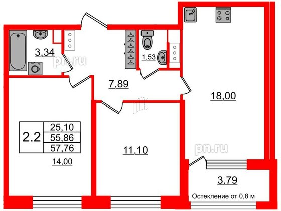 Квартира в ЖК Astra Marine, 2 комнатная, 55.86 м², 3 этаж