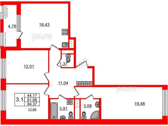 Квартира в ЖК Astra Marine, 3 комнатная, 81.98 м², 2 этаж