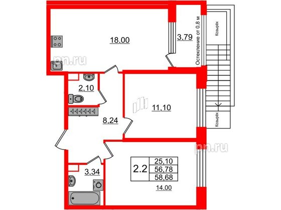 Квартира в ЖК Astra Marine, 2 комнатная, 56.78 м², 1 этаж