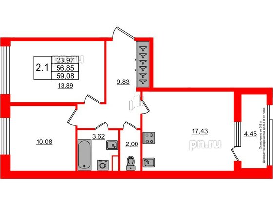 Квартира в ЖК Astra Marine, 2 комнатная, 56.85 м², 2 этаж