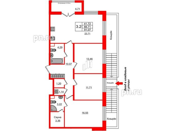 Квартира в ЖК Astra Marine, 3 комнатная, 88.71 м², 1 этаж