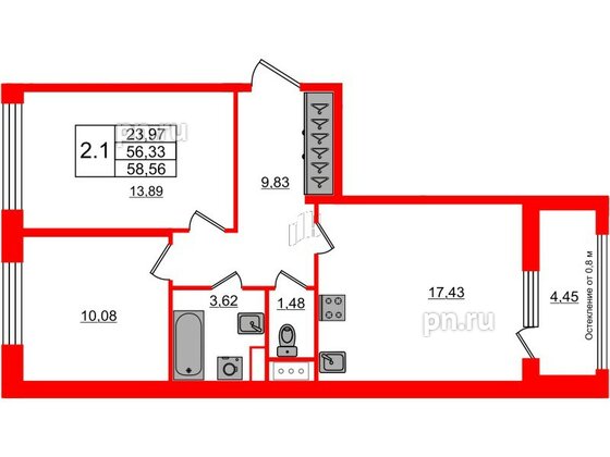 Квартира в ЖК Astra Marine, 2 комнатная, 56.33 м², 3 этаж