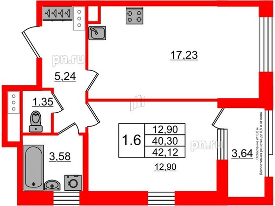 Квартира в ЖК Astra Marine, 1 комнатная, 40.3 м², 6 этаж