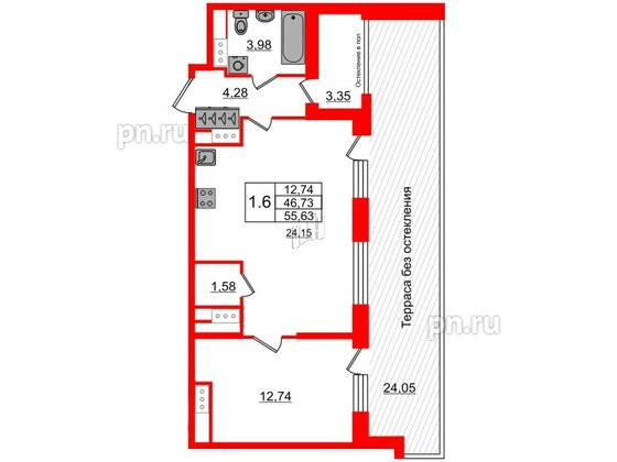 Квартира в ЖК Astra Marine, 1 комнатная, 46.73 м², 8 этаж