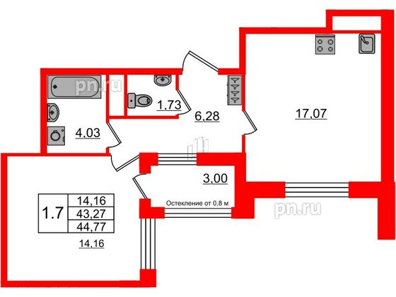 Квартира в ЖК Astra Marine, 1 комнатная, 43.27 м², 2 этаж