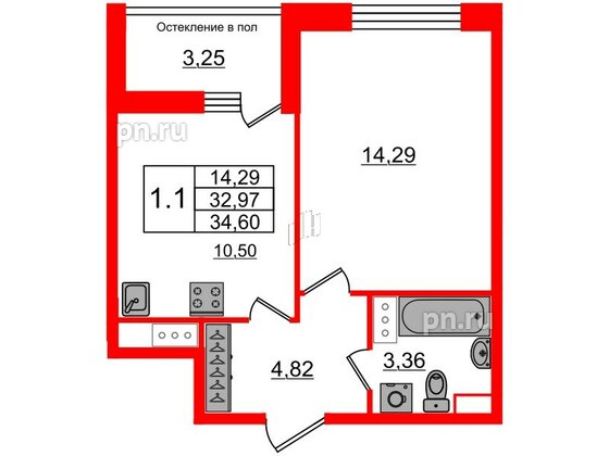 Квартира в ЖК Astra Marine, 1 комнатная, 32.97 м², 6 этаж