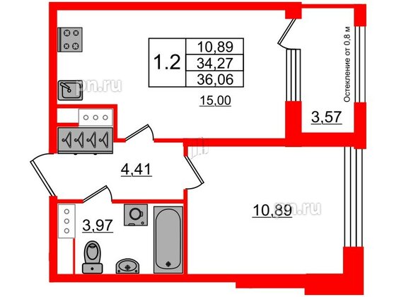 Квартира в ЖК Astra Marine, 1 комнатная, 34.27 м², 2 этаж