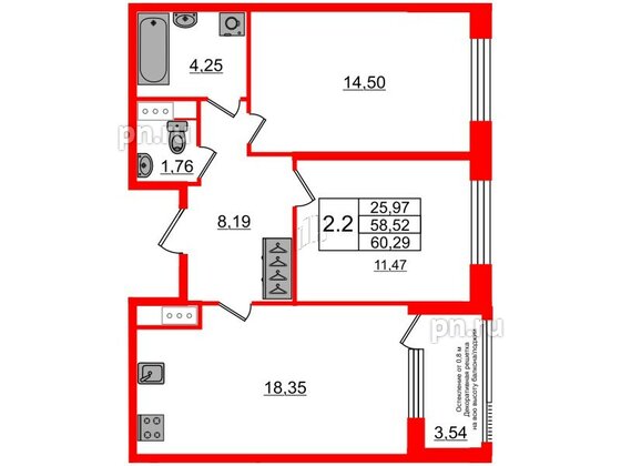 Квартира в ЖК Astra Marine, 2 комнатная, 58.52 м², 4 этаж