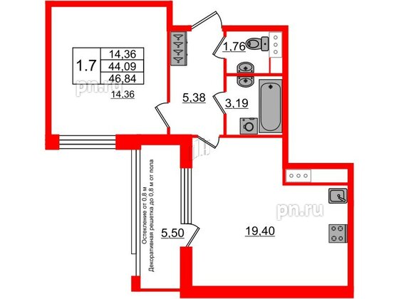 Квартира в ЖК Astra Marine, 1 комнатная, 44.09 м², 2 этаж