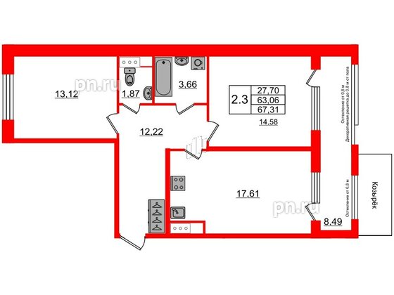 Квартира в ЖК Astra Marine, 2 комнатная, 63.06 м², 2 этаж