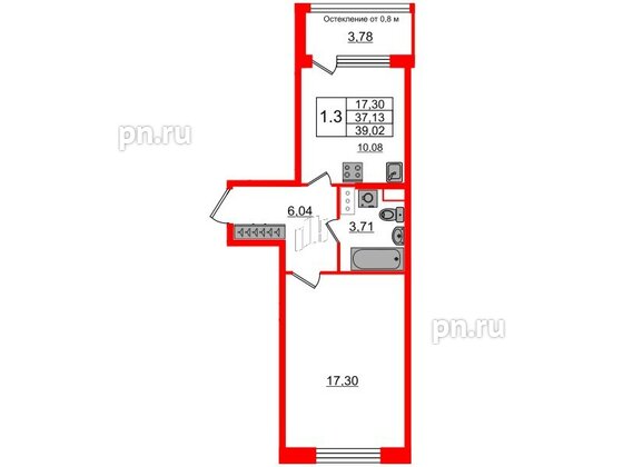 Квартира в ЖК Astra Marine, 1 комнатная, 37.13 м², 3 этаж