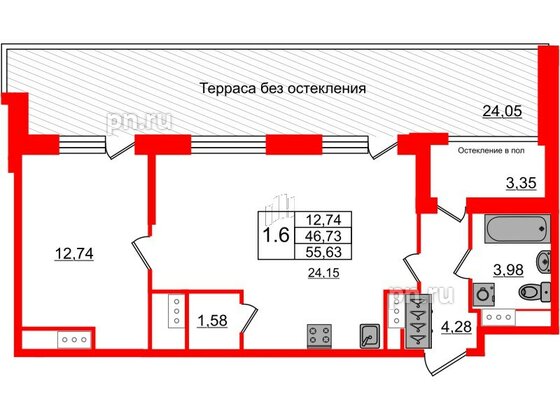 Квартира в ЖК Astra Marine, 1 комнатная, 46.73 м², 8 этаж