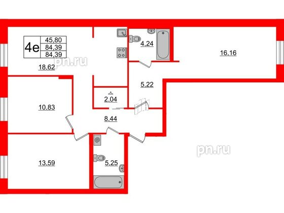 Квартира в ЖК ID Парк Победы, 3 комнатная, 84.39 м², 2 этаж