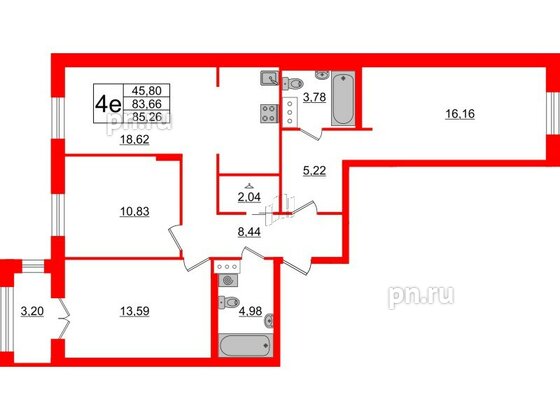 Квартира в ЖК ID Парк Победы, 3 комнатная, 85.26 м², 3 этаж