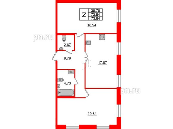 Квартира в ЖК ID Парк Победы, 2 комнатная, 73.84 м², 2 этаж