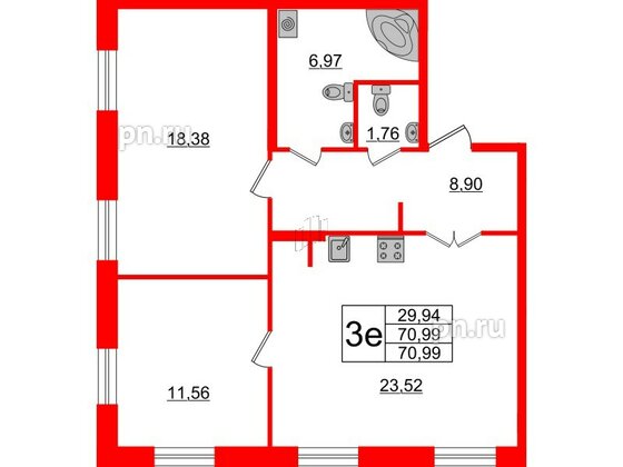 Квартира в ЖК ID Парк Победы, 2 комнатная, 70.99 м², 2 этаж