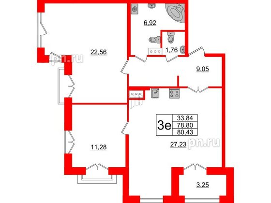 Квартира в ЖК ID Парк Победы, 2 комнатная, 80.43 м², 4 этаж