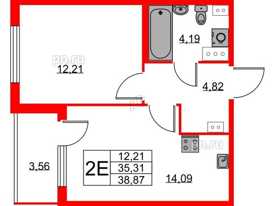 Квартира в ЖК Любоград, 1 комнатная, 35.31 м², 4 этаж