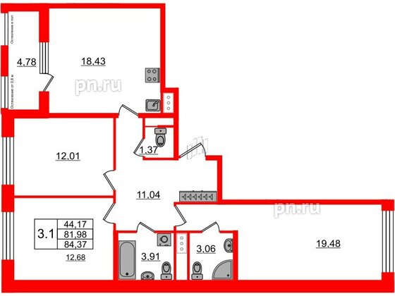 Квартира в ЖК Astra Marine, 3 комнатная, 81.98 м², 6 этаж