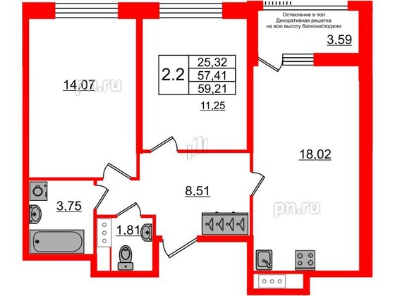 Квартира в ЖК Astra Marine, 2 комнатная, 57.41 м², 7 этаж