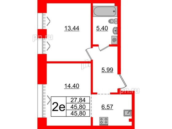 Квартира в ЖК Imperial Club, 1 комнатная, 45.8 м², 2 этаж