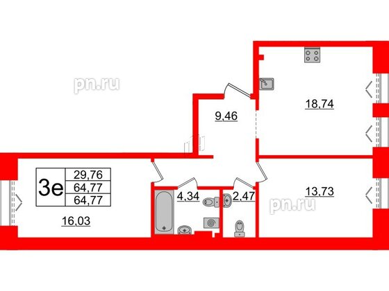 Квартира в ЖК «Империал Клаб», 2 комнатная, 64.77 м², 2 этаж