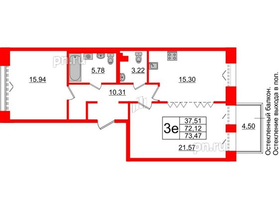 Квартира в ЖК «Империал Клаб», 2 комнатная, 72.12 м², 3 этаж