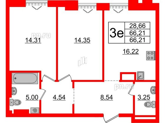 Квартира в ЖК «Империал Клаб», 2 комнатная, 66.21 м², 7 этаж