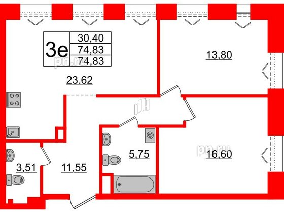 Квартира в ЖК «Империал Клаб», 2 комнатная, 74.83 м², 5 этаж