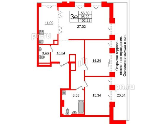 Квартира в ЖК «Империал Клаб», 3 комнатная, 95.22 м², 6 этаж