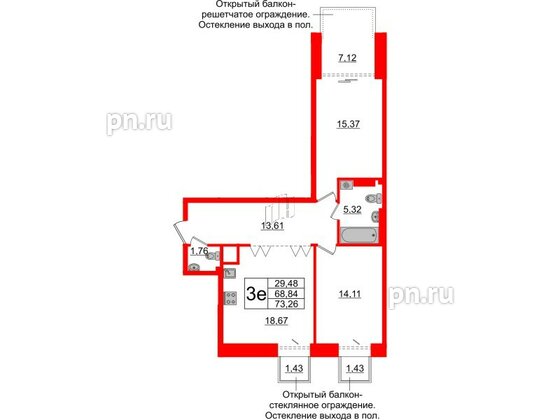 Квартира в ЖК «Империал Клаб», 2 комнатная, 68.84 м², 7 этаж