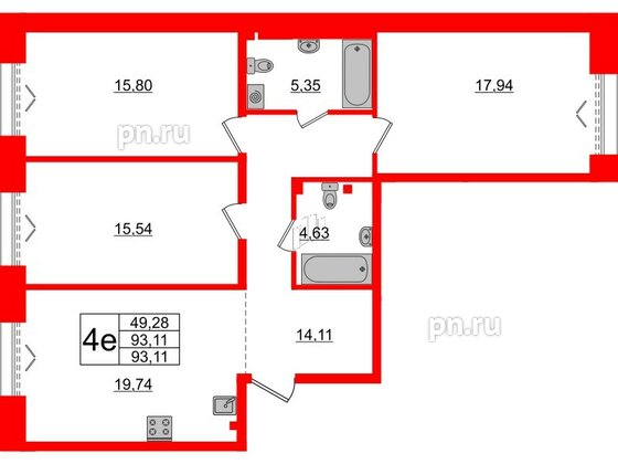 Квартира в ЖК Imperial Club, 3 комнатная, 93.11 м², 3 этаж