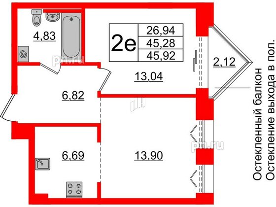 Квартира в ЖК Imperial Club, 1 комнатная, 45.28 м², 3 этаж