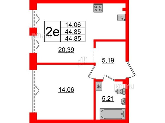 Квартира в ЖК Imperial Club, 1 комнатная, 44.85 м², 2 этаж