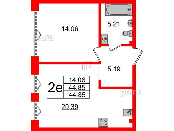 Квартира в ЖК Imperial Club, 1 комнатная, 44.85 м², 2 этаж