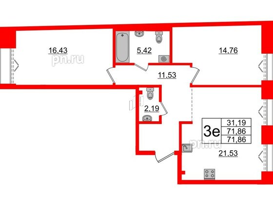 Квартира в ЖК Imperial Club, 2 комнатная, 71.86 м², 3 этаж