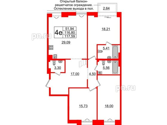 Квартира в ЖК Imperial Club, 3 комнатная, 116.8 м², 6 этаж