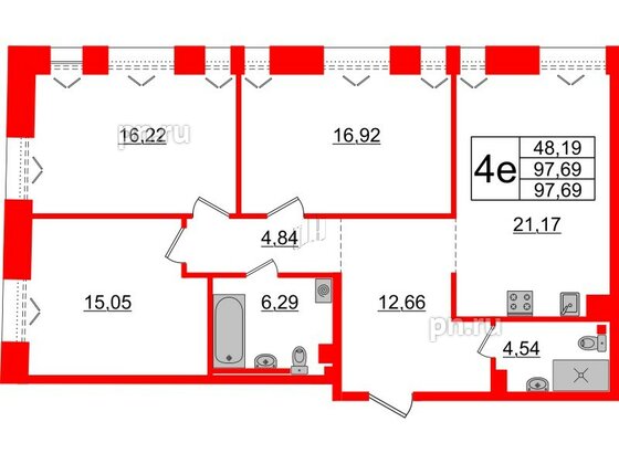 Квартира в ЖК Imperial Club, 3 комнатная, 97.69 м², 5 этаж