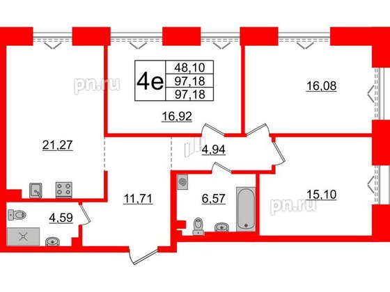 Квартира в ЖК «Империал Клаб», 3 комнатная, 97.18 м², 4 этаж