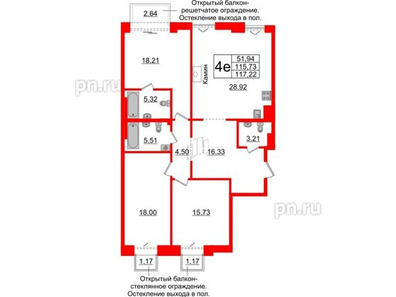 Квартира в ЖК «Империал Клаб», 3 комнатная, 115.73 м², 7 этаж
